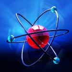 Abstract atom symbol over blue backdrop